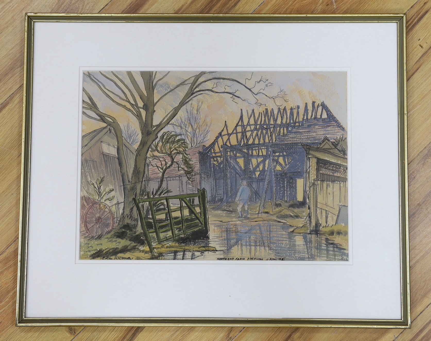 Edgar Holloway (1915-2008), watercolour, 'After the fire, North End Farm, Ditchling', signed and dated 1981, 28 x 38cm